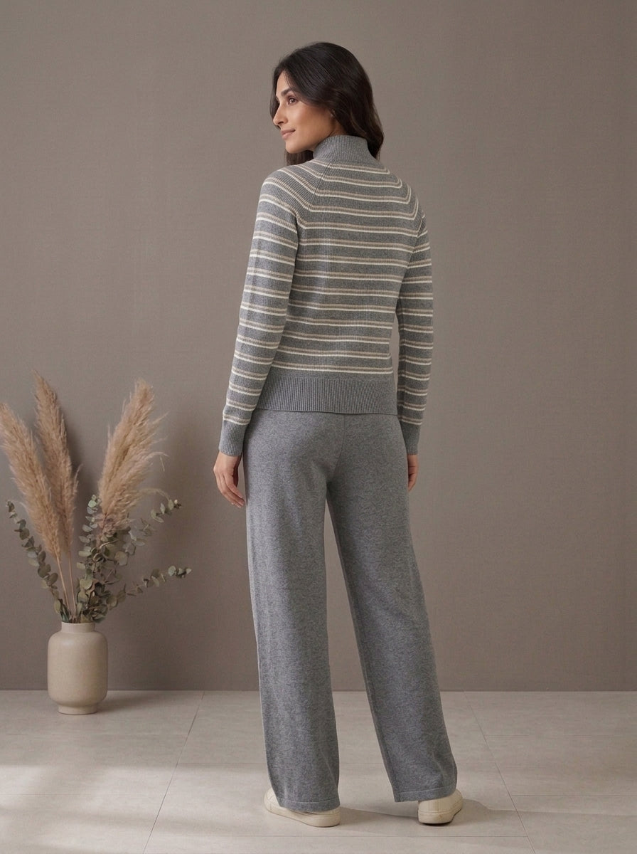Striped Zip-Front Knit Cardigan with Trousers