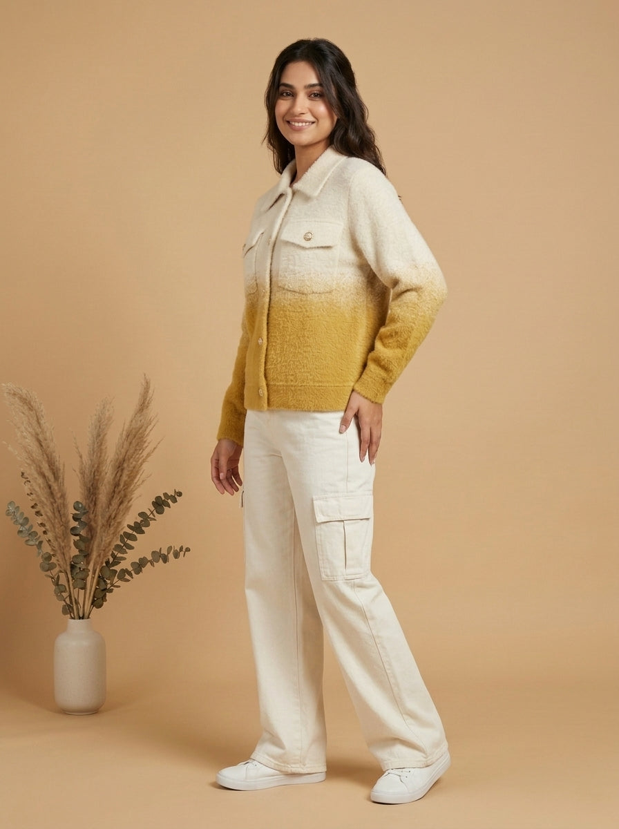 Dual-Tone Knit Button-Front Jacket