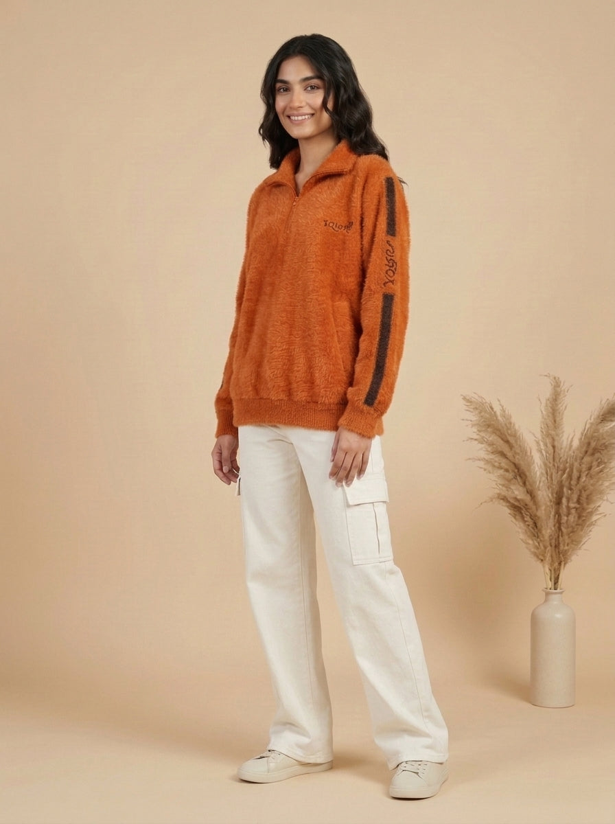 Plush Zip-Front Fleece Jacket with Side Stripe Sleeves