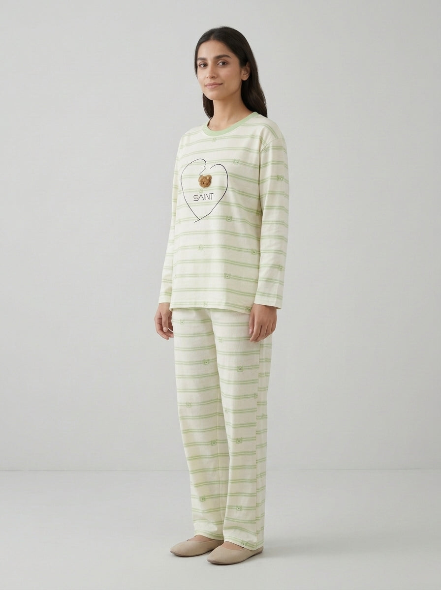Bear Embellished Striped Lounge Set