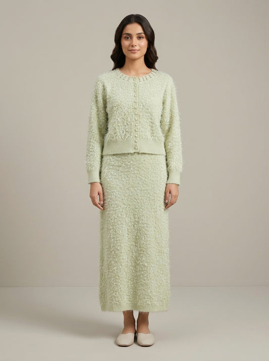 Embellished Feather-Effect Cardigan with Matching Bottom Wear