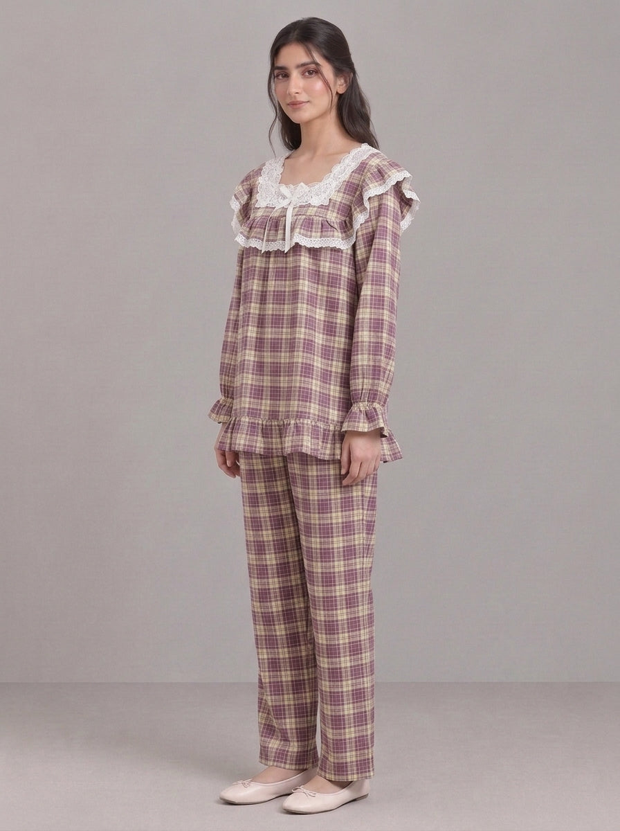 Lace-Trimmed Plaid Lounge Set