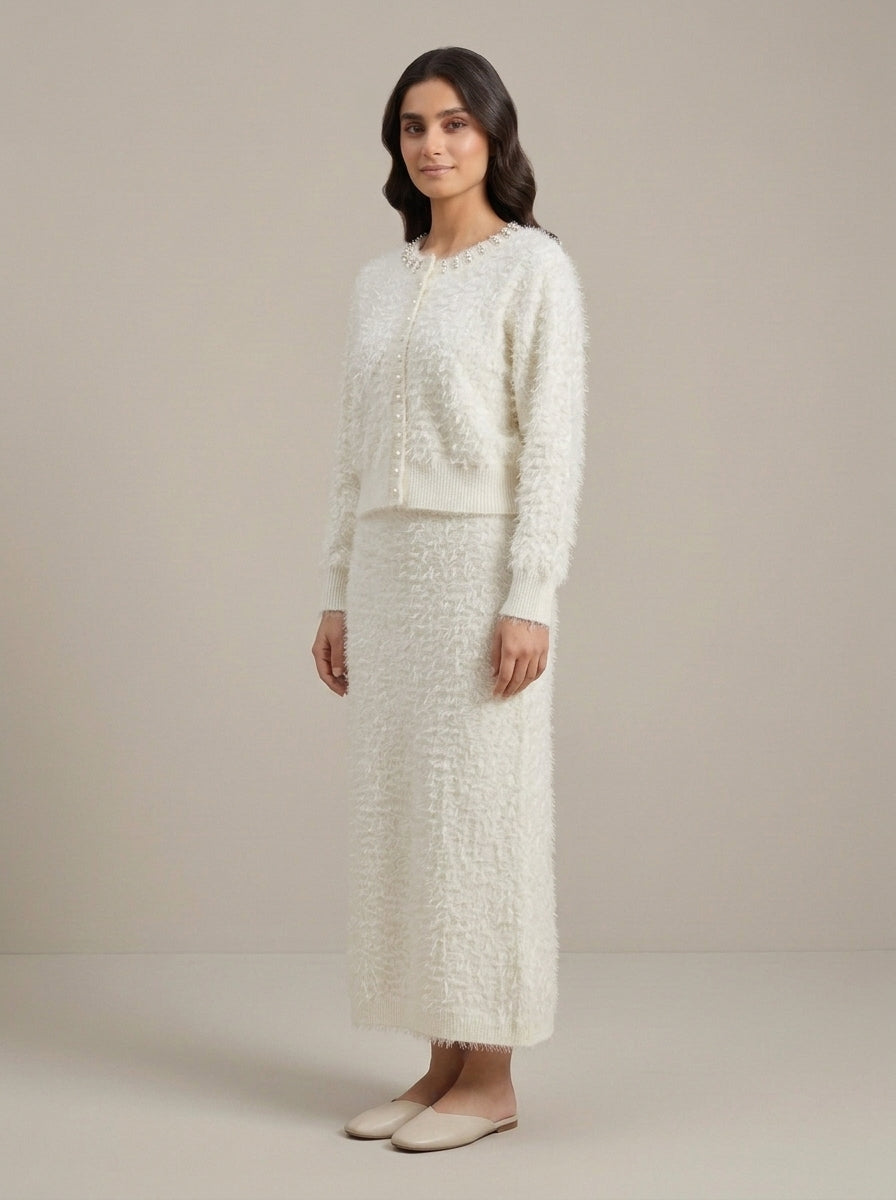 Embellished Feather-Effect Cardigan with Matching Bottom Wear