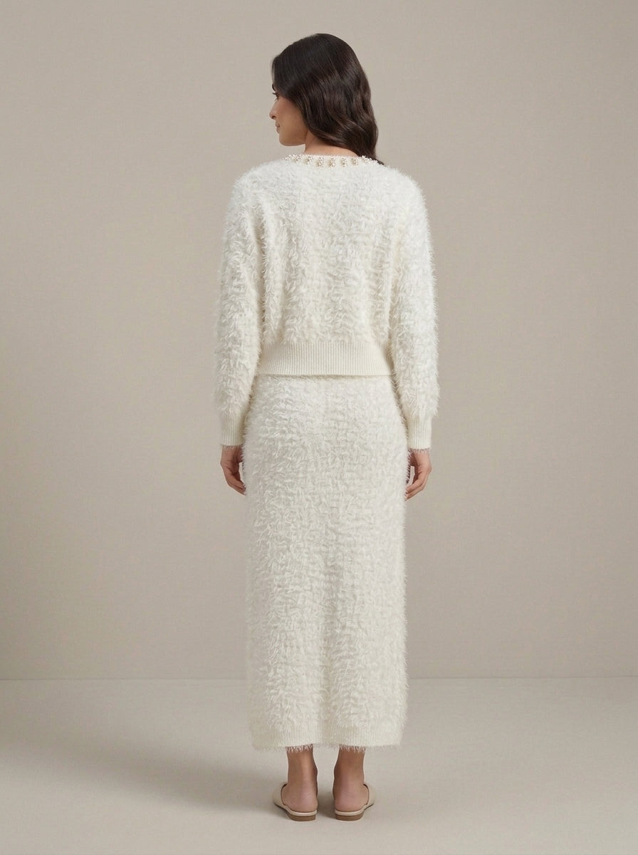 Embellished Feather-Effect Cardigan with Matching Bottom Wear