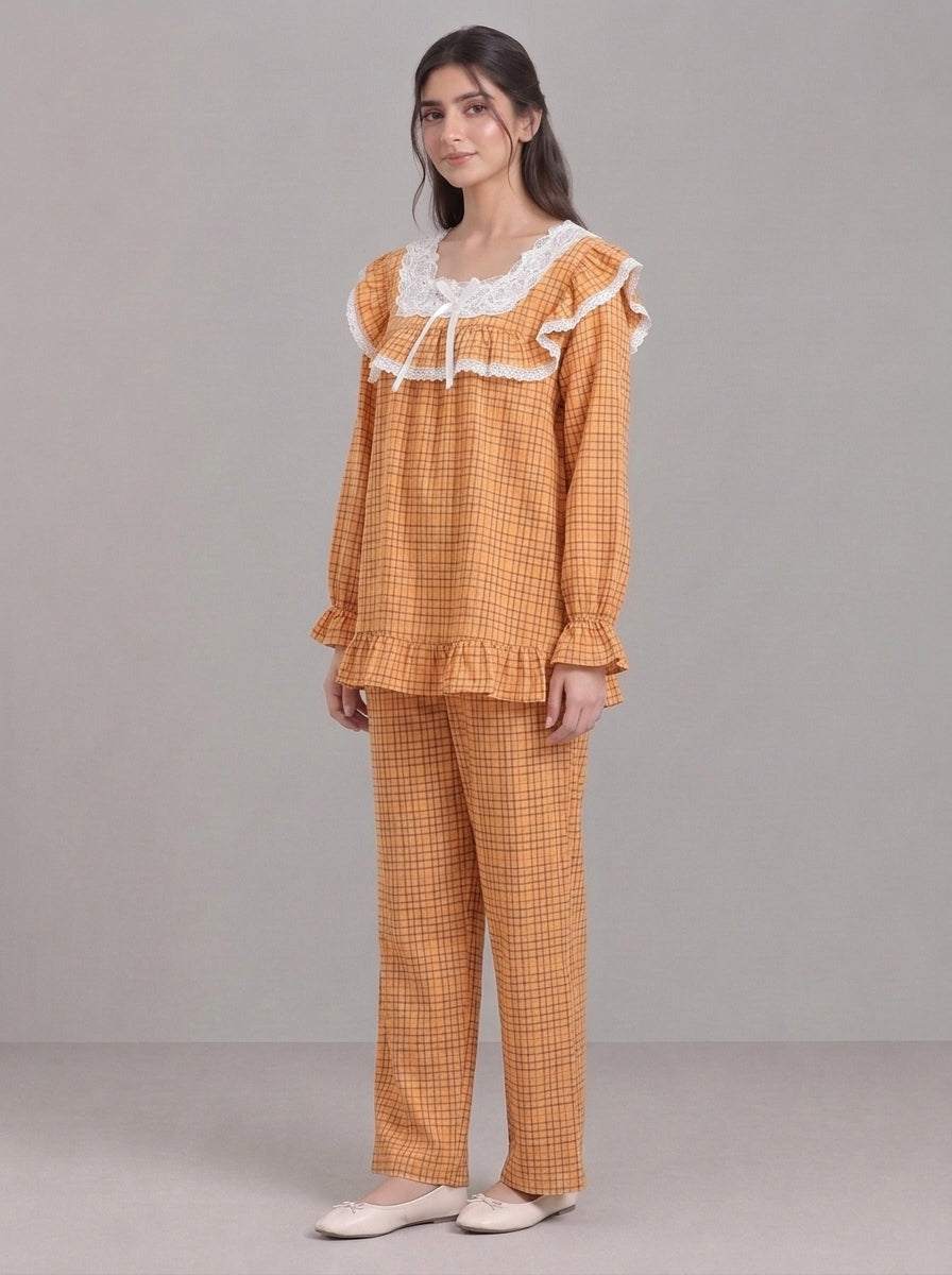 Lace-Trimmed Plaid Lounge Set