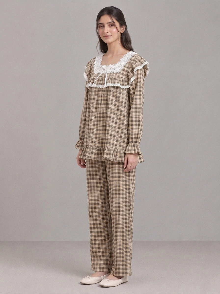 Lace-Trimmed Plaid Lounge Set