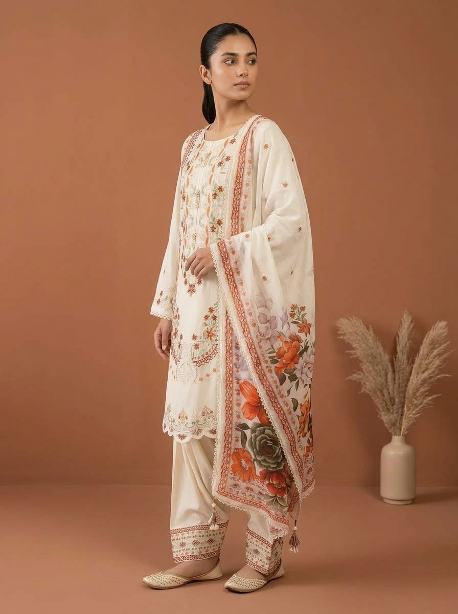 Embroidered 3-Piece Suit Set with Floral Dupatta