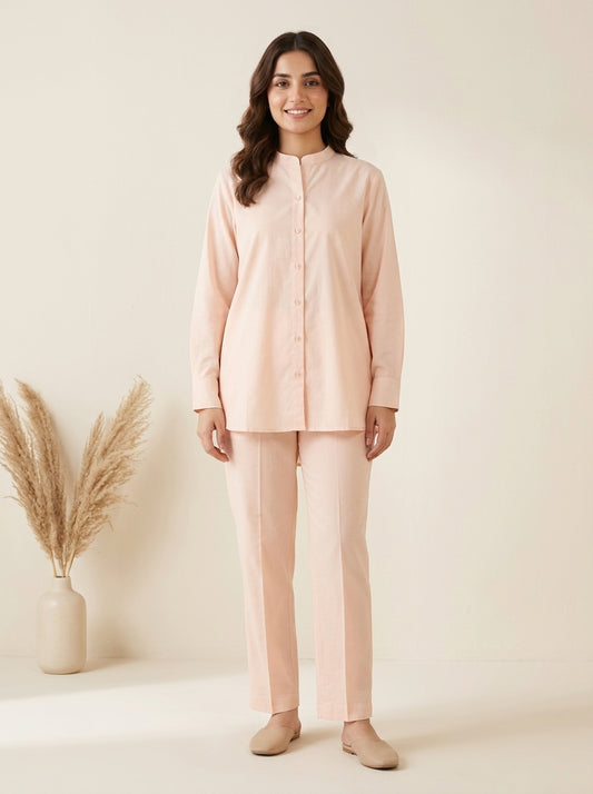 Solid Button-Down Shirt with Matching Trousers