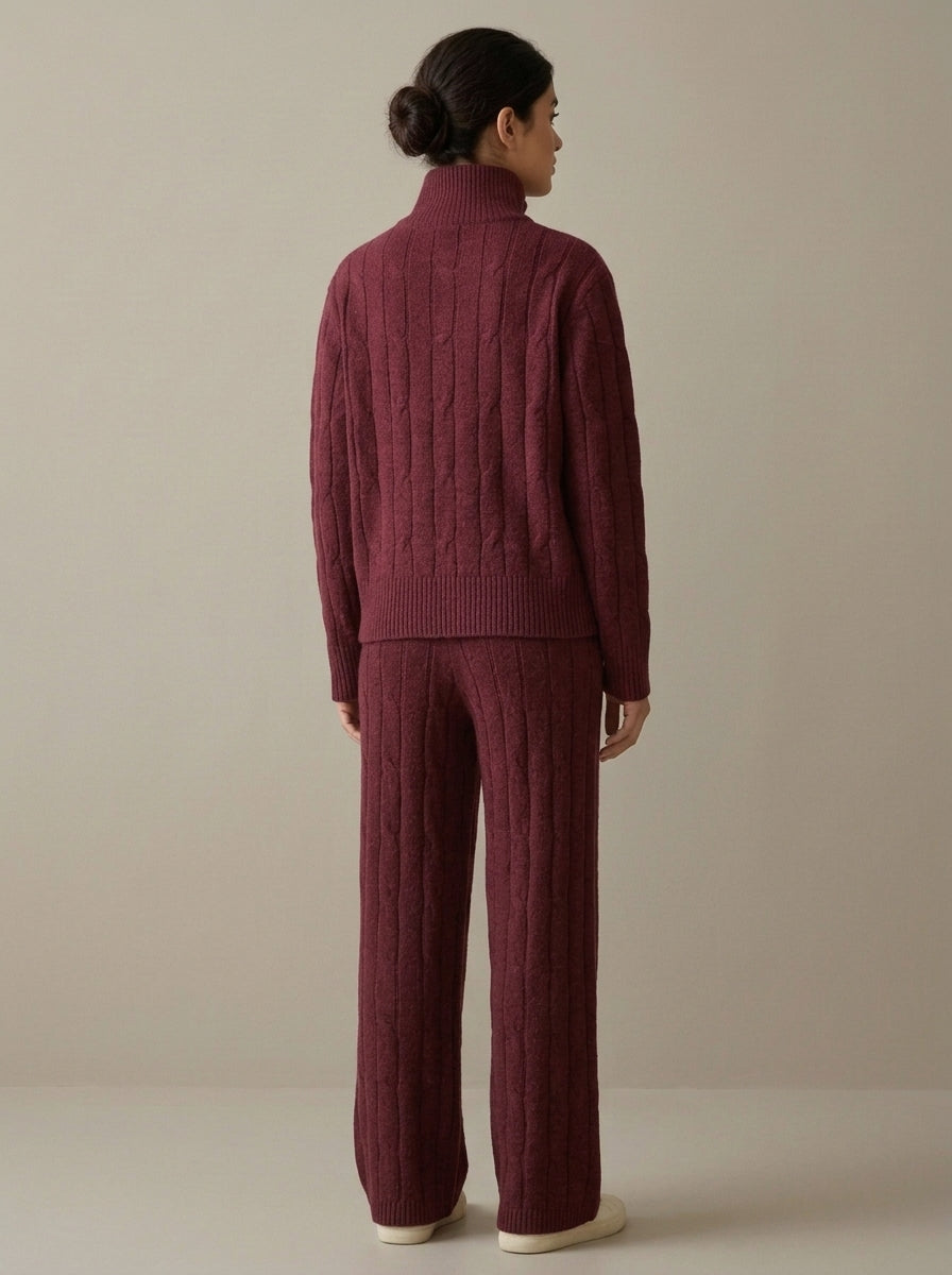 Cable-Knit High-Neck Zip Jacket with Matching Trousers Set
