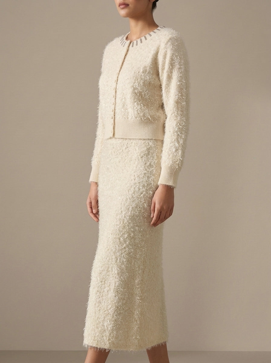 Embellished Feather-Effect Cardigan with Matching Bottom Wear