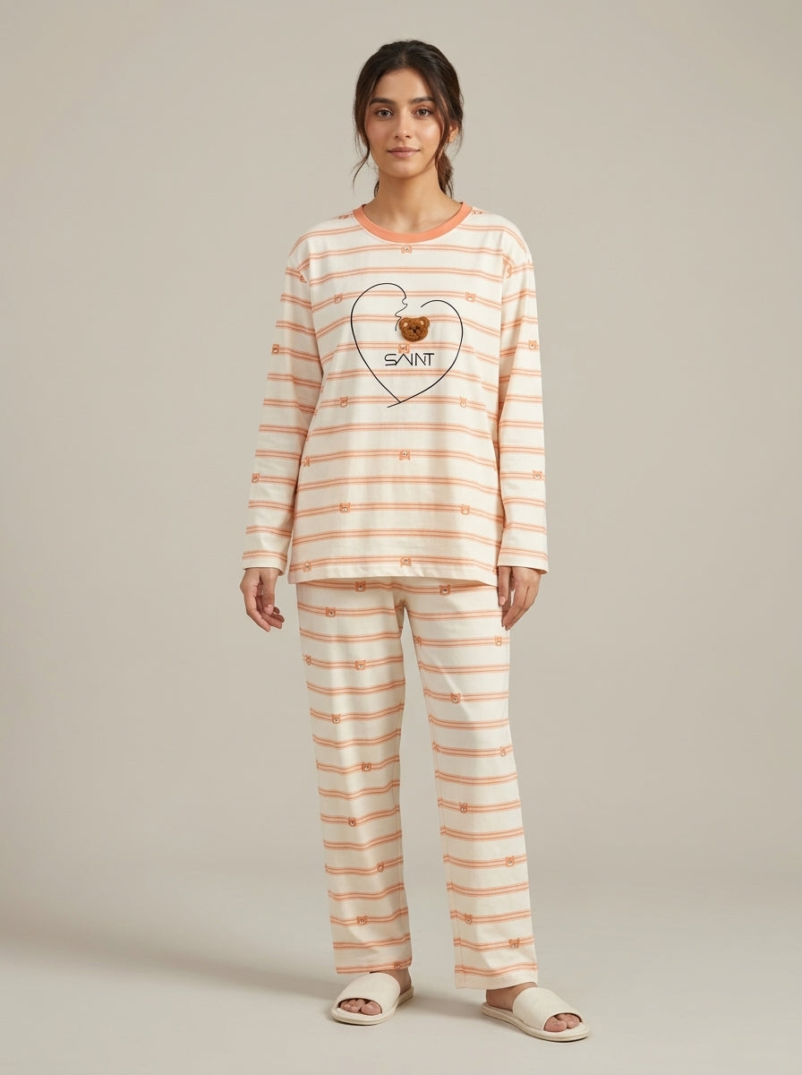 Bear Embellished Striped Lounge Set