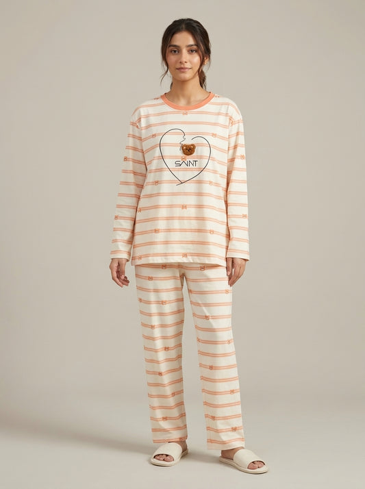 Bear Embellished Striped Lounge Set