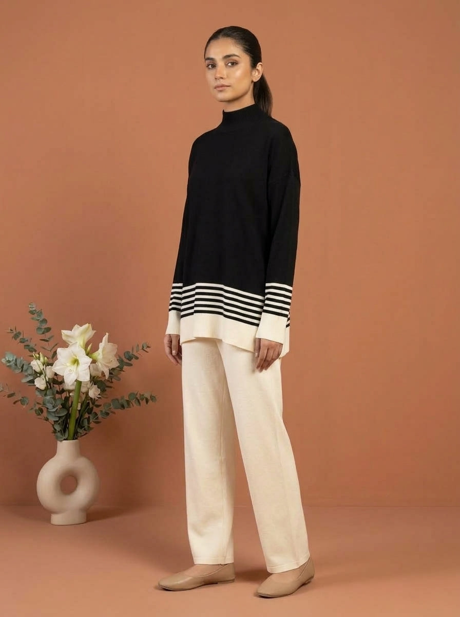 Striped Mock-Neck Knit Co-Ord Set