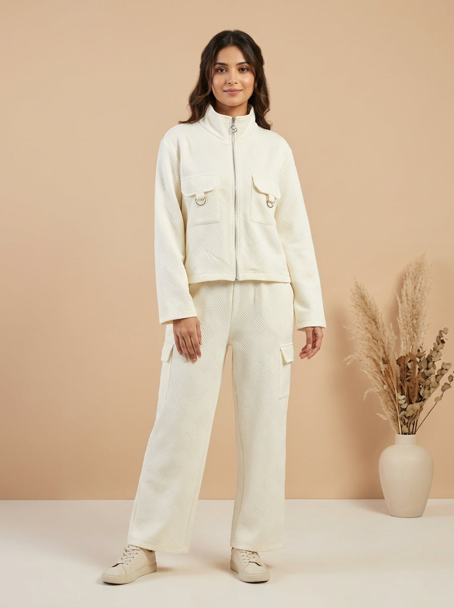 Textured Zip-Front Jacket with Cargo Trousers