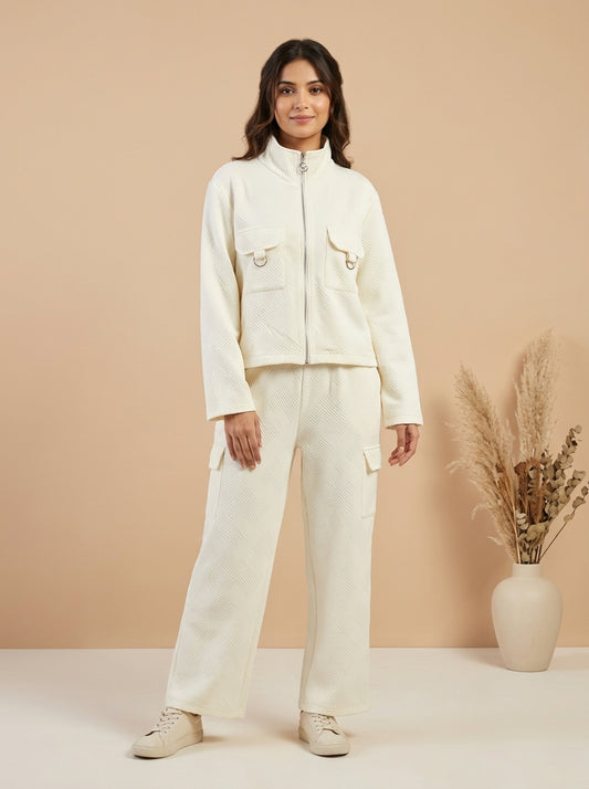 Textured Zip-Front Jacket with Cargo Trousers