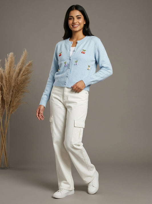 Cherry Embellished Plush Knit Cardigan