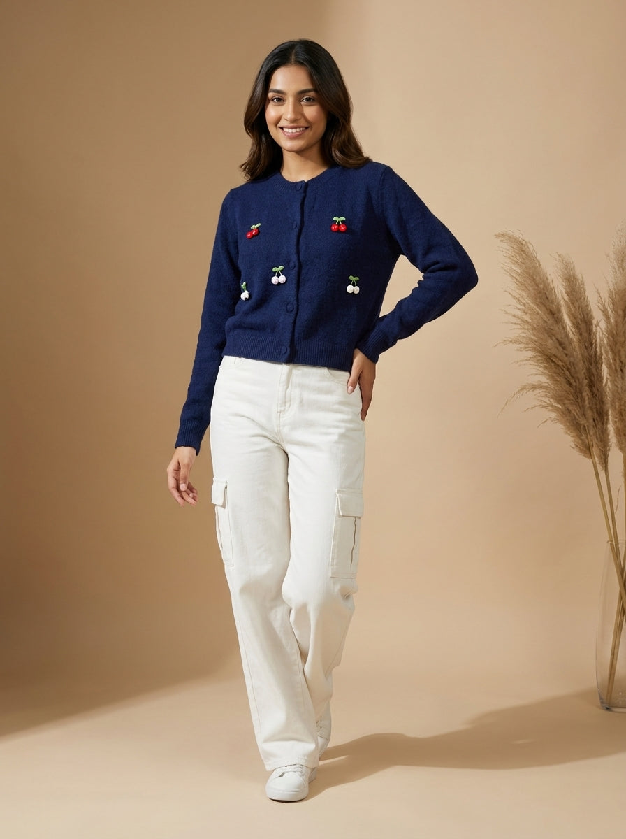 Cherry Embellished Plush Knit Cardigan
