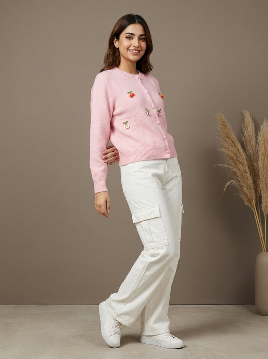 Cherry Embellished Plush Knit Cardigan