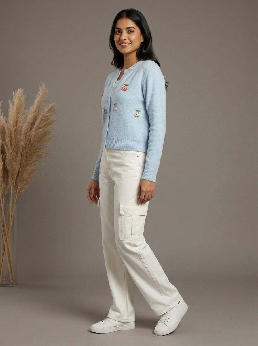 Cherry Embellished Plush Knit Cardigan