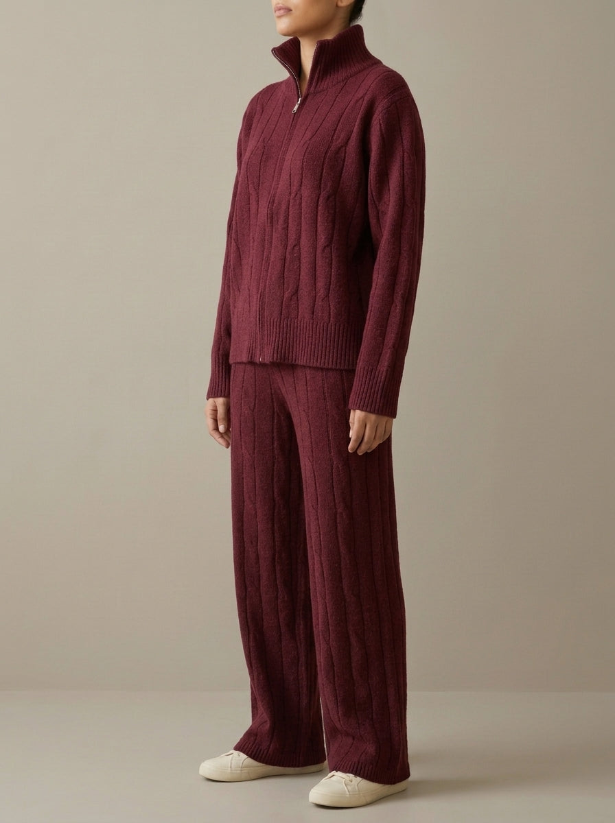 Cable-Knit High-Neck Zip Jacket with Matching Trousers Set