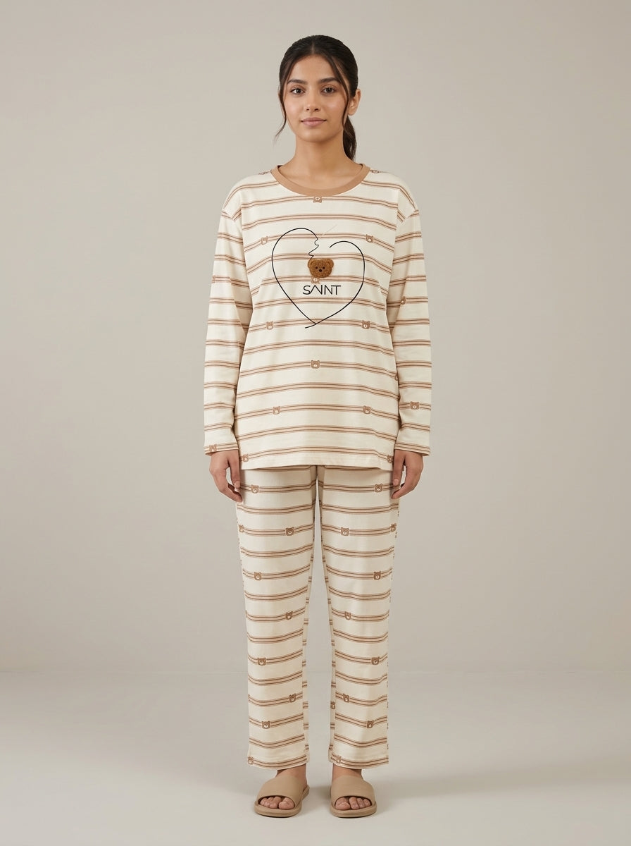 Bear Embellished Striped Lounge Set