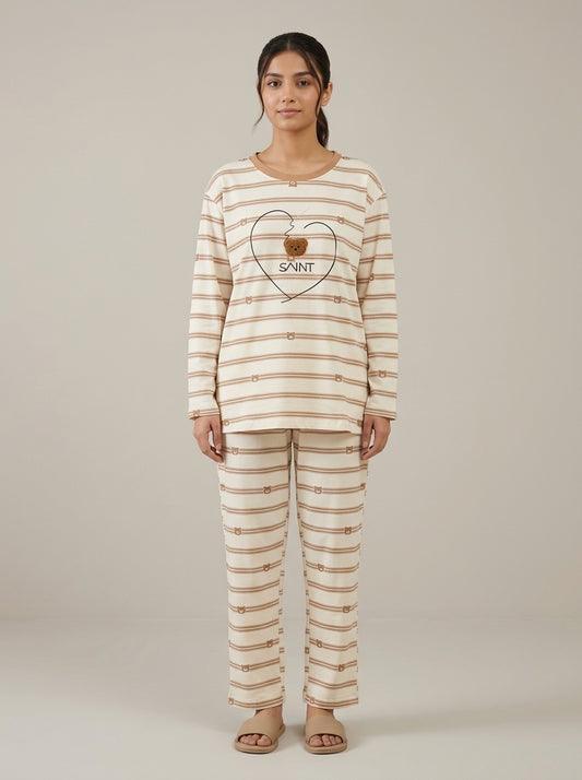 Bear Embellished Striped Lounge Set