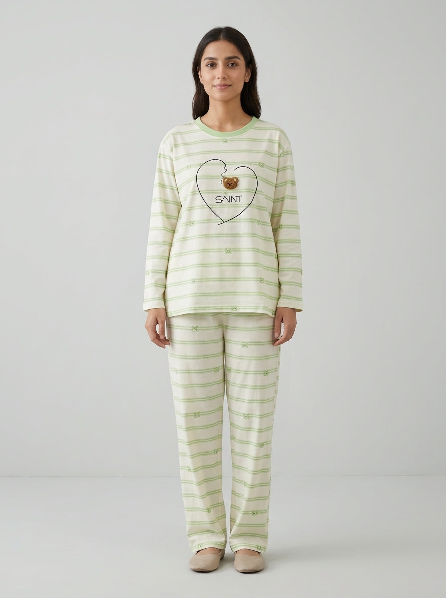 Bear Embellished Striped Lounge Set
