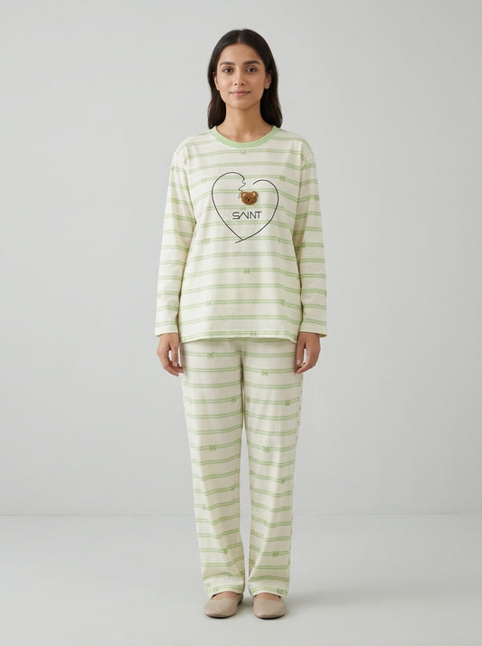 Bear Embellished Striped Lounge Set