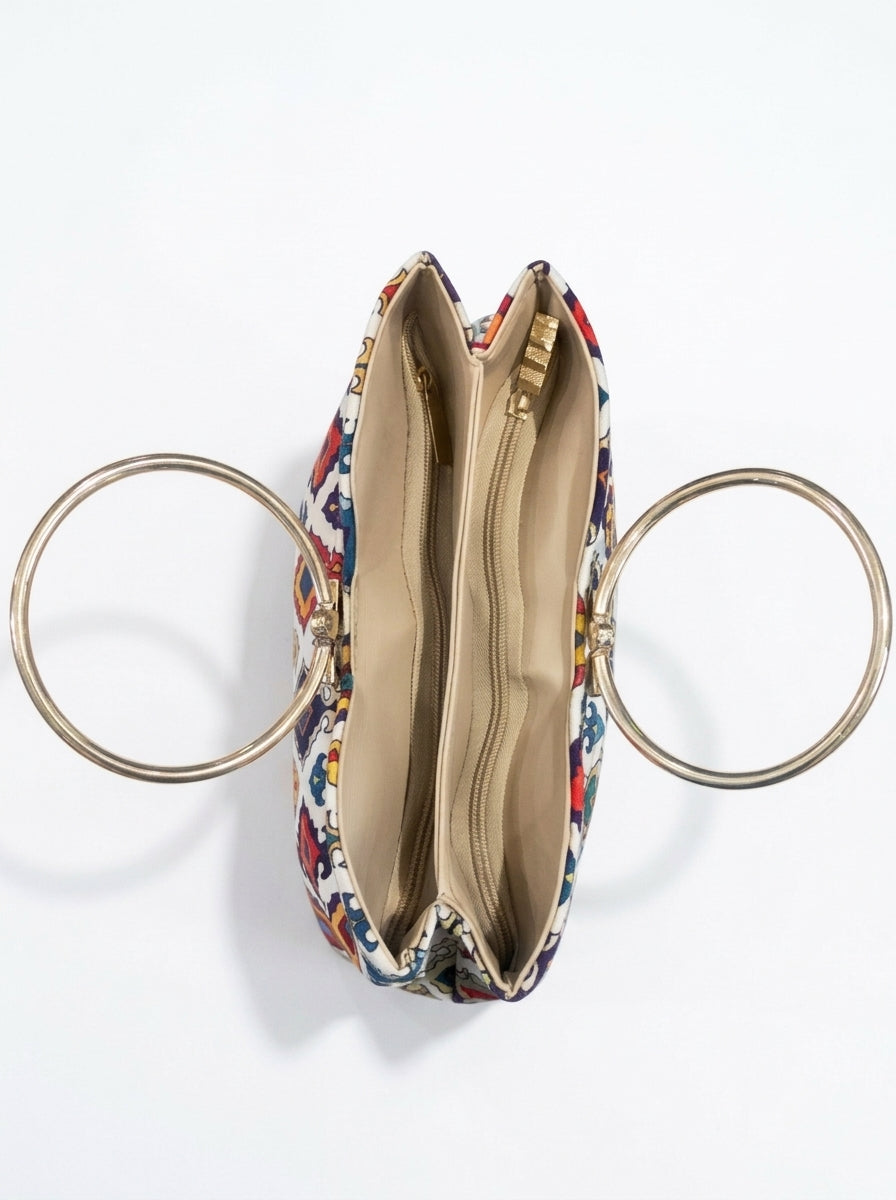 Ethnic Printed Ring Handle Handbag