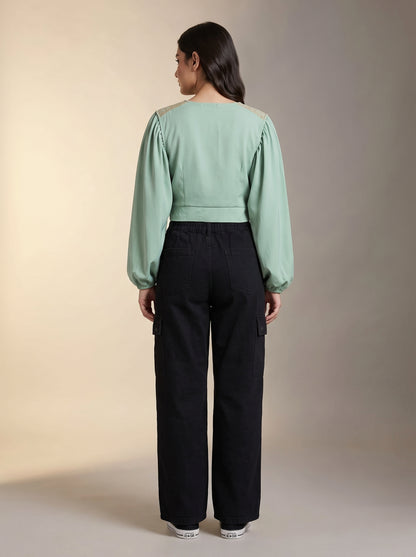 Sage Green Pintuck Tie-Front Crop Blouse