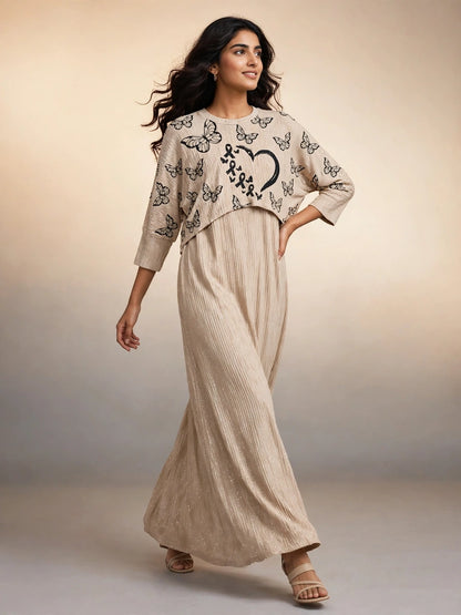 Beige Butterfly Maxi Dress Set