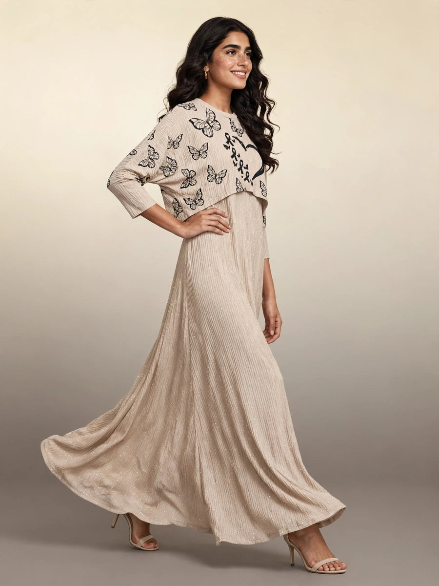 Beige Butterfly Maxi Dress Set