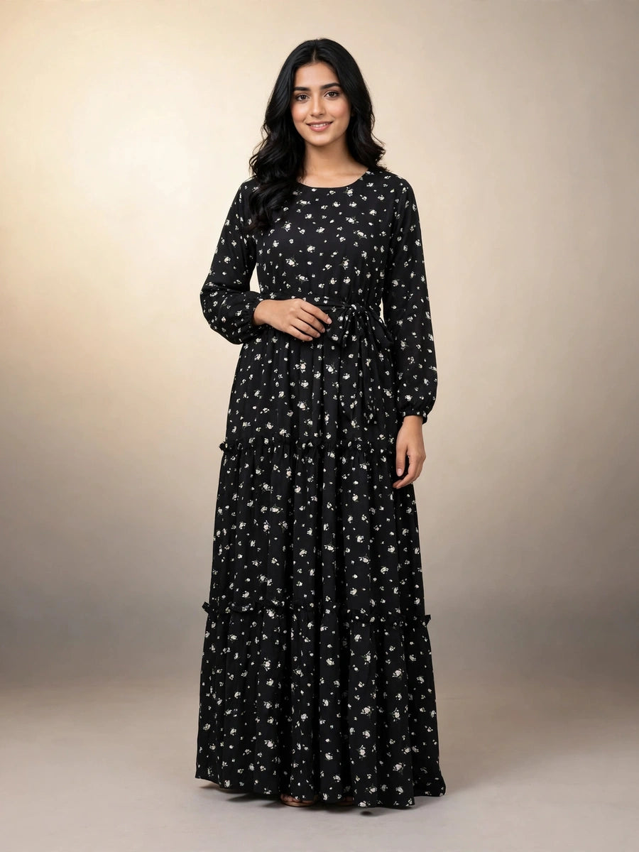 Black Floral Tiered Maxi Dress