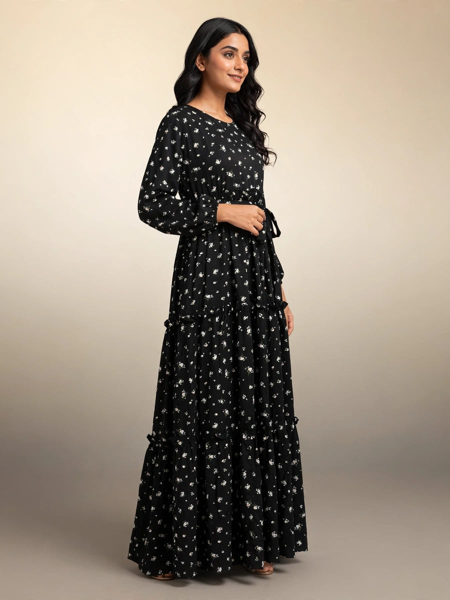 Black Floral Tiered Maxi Dress
