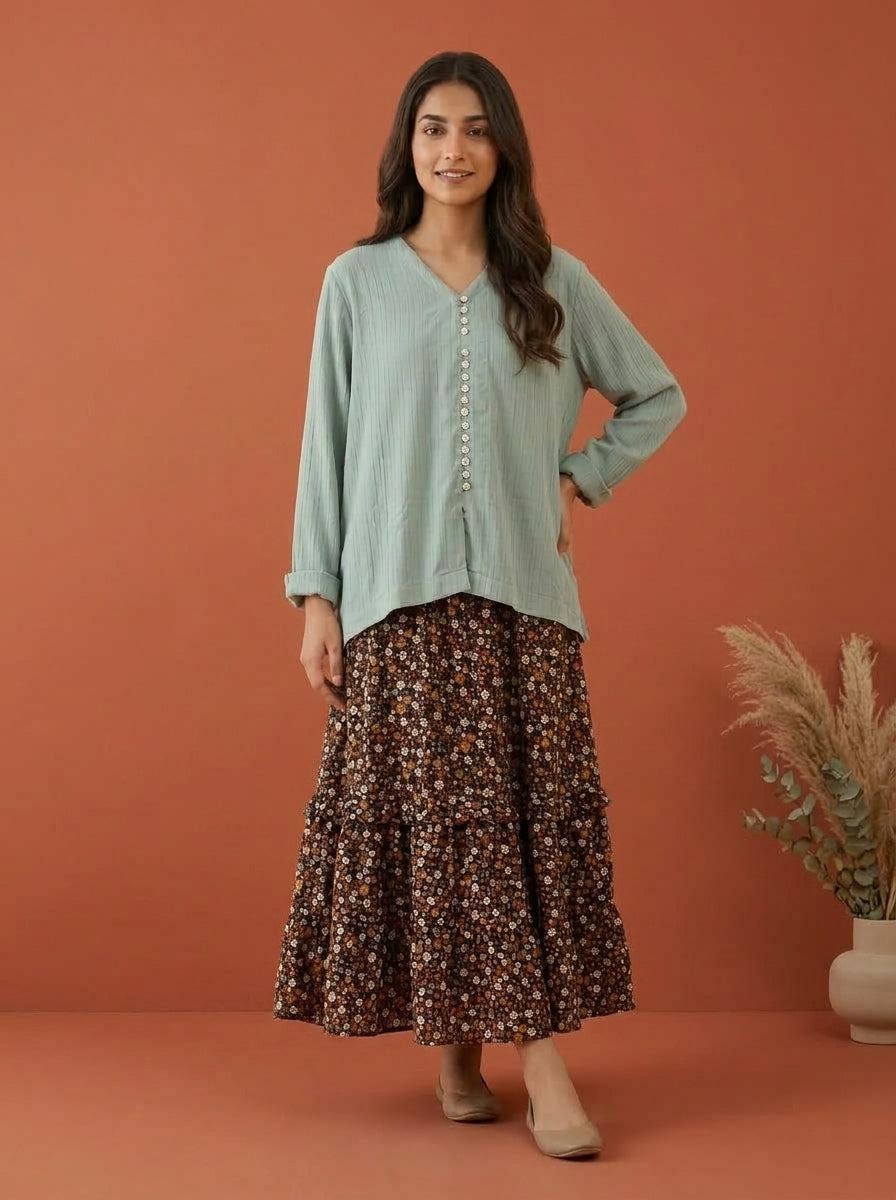 Textured Blouse & Ditsy Floral 2-Piece Co-ord Set