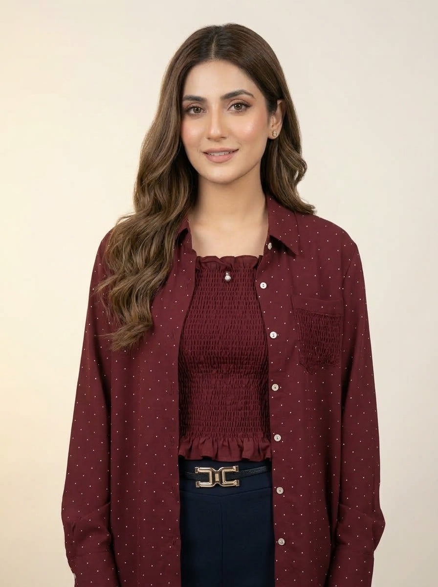 Maroon Polka Dot Shirt & Smocked Top Set