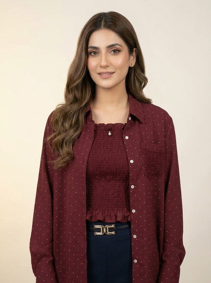 Maroon Polka Dot Shirt & Smocked Top Set