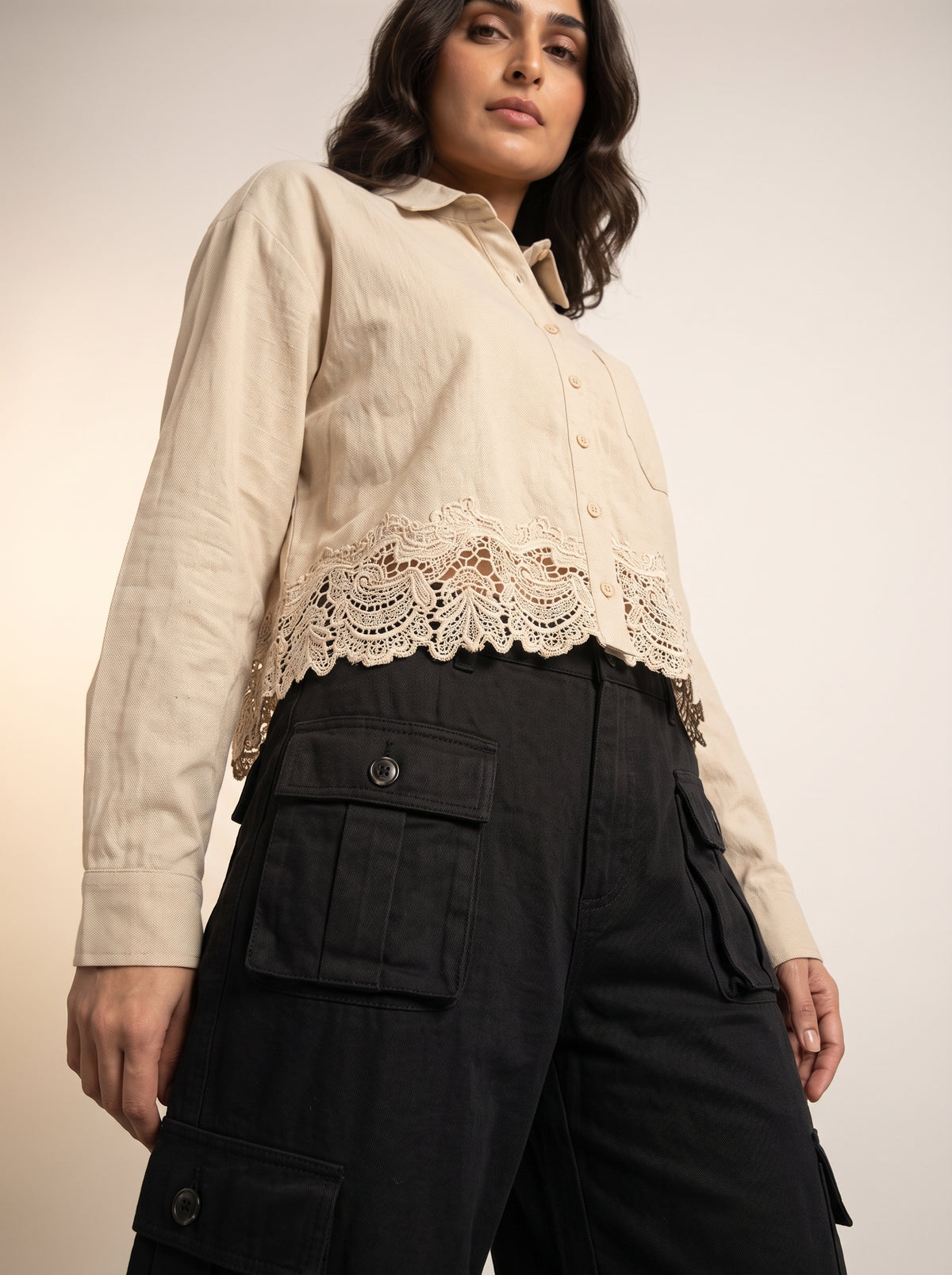 Beige Lace-Trimmed Cropped Shirt