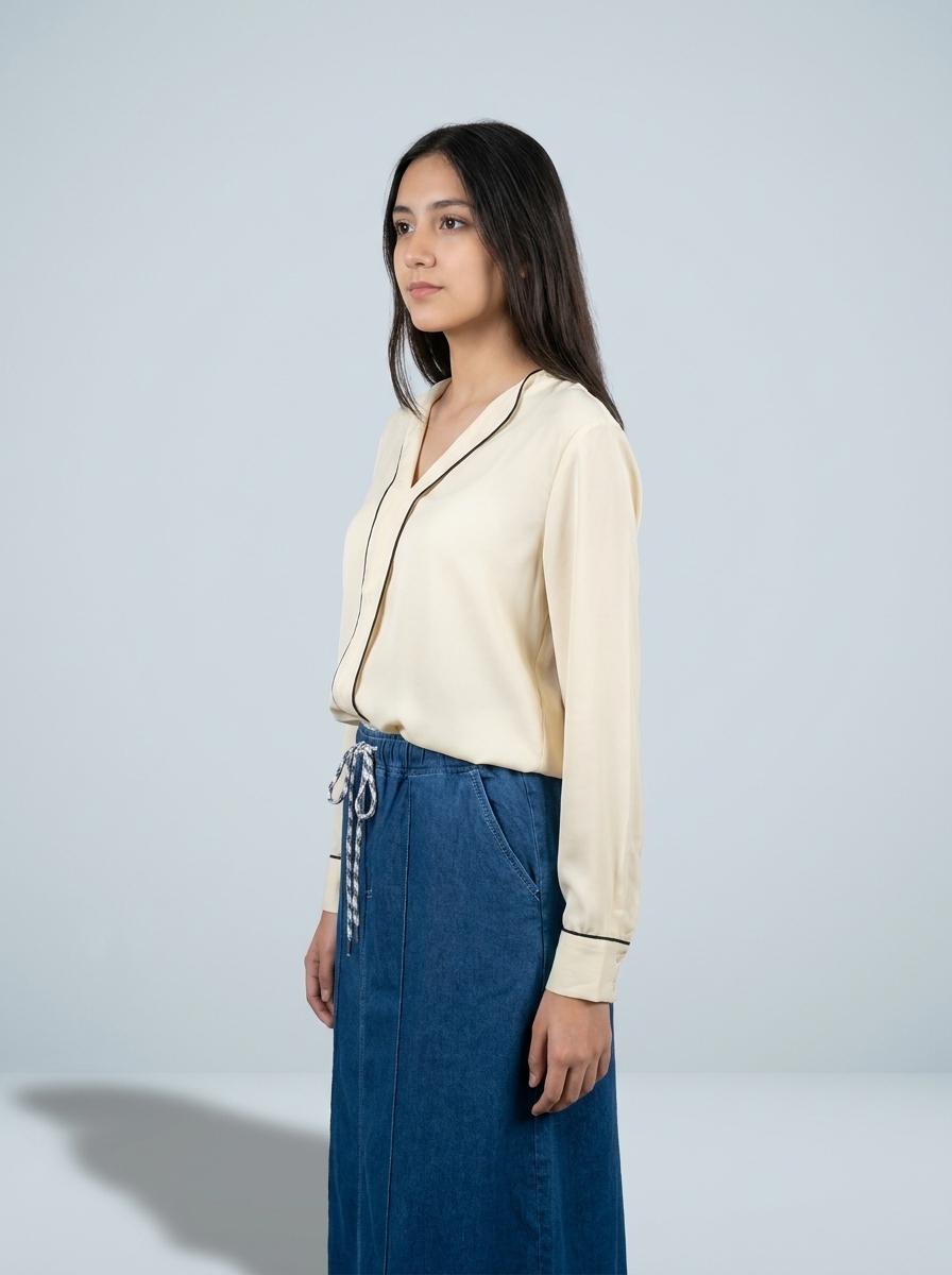 Drawstring Denim Maxi Skirt