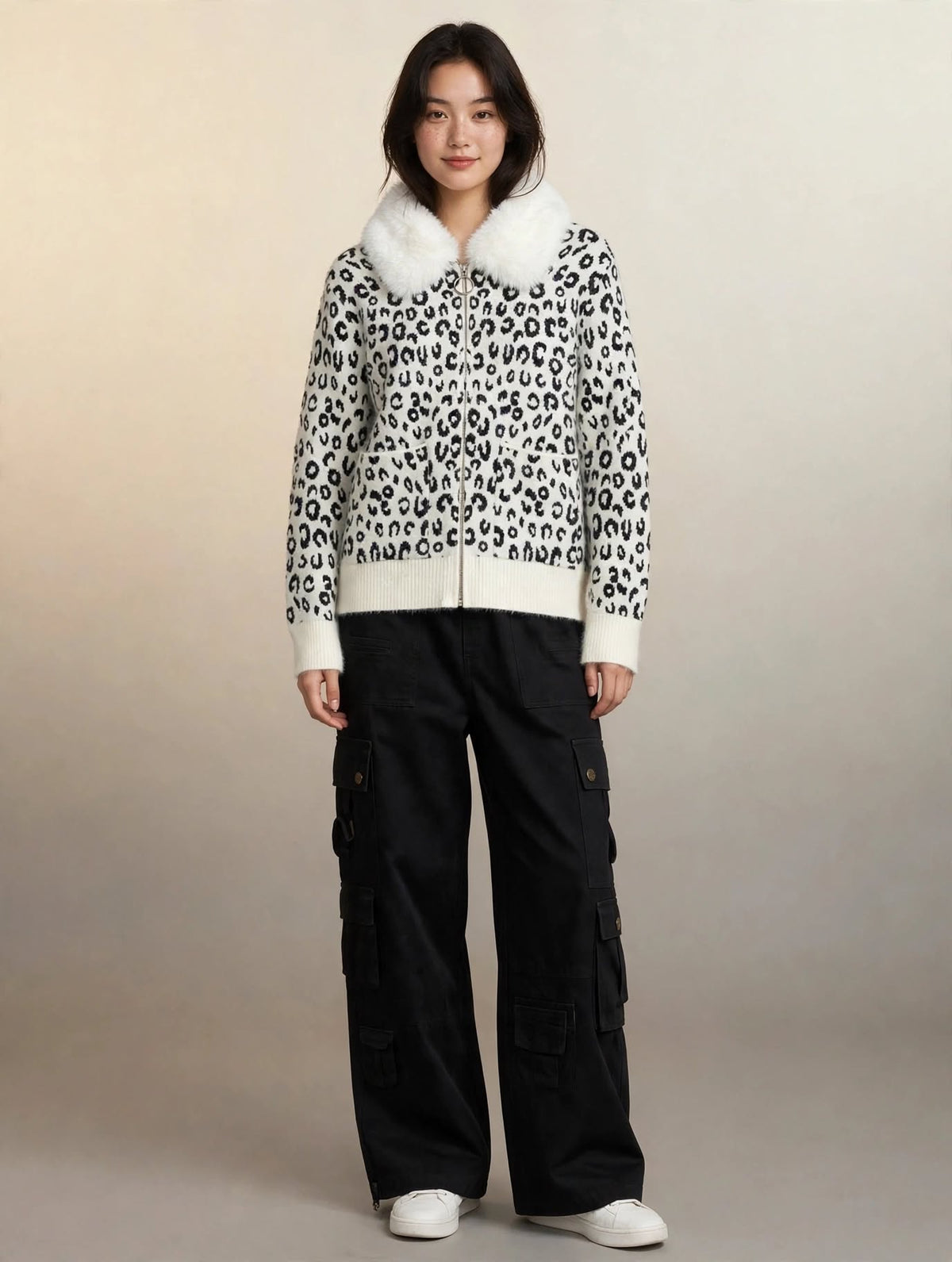 Faux Fur Collar Leopard Knit Zip Sweater