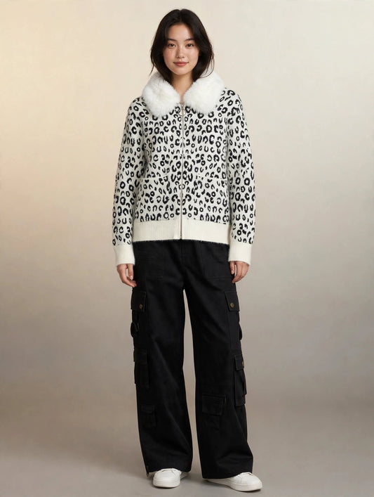 Faux Fur Collar Leopard Knit Zip Sweater