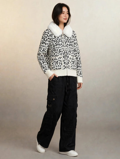 Faux Fur Collar Leopard Knit Zip Sweater