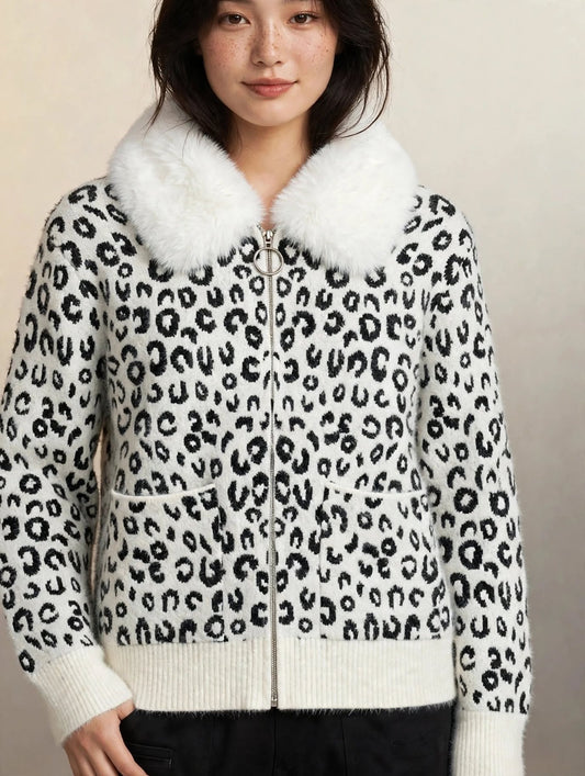 Faux Fur Collar Leopard Knit Zip Sweater