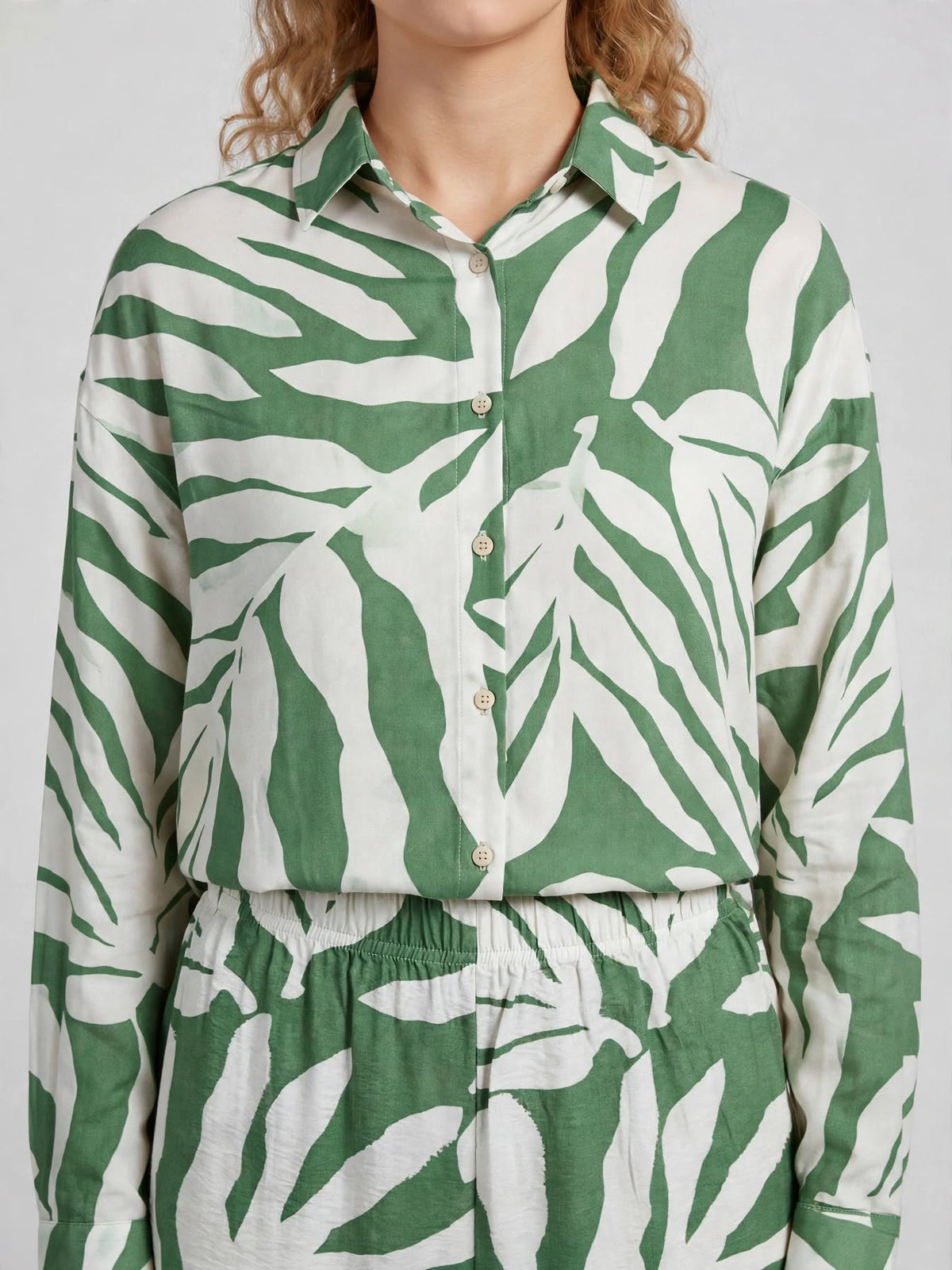 Tropical Leaf Printed Button-Down Shirt