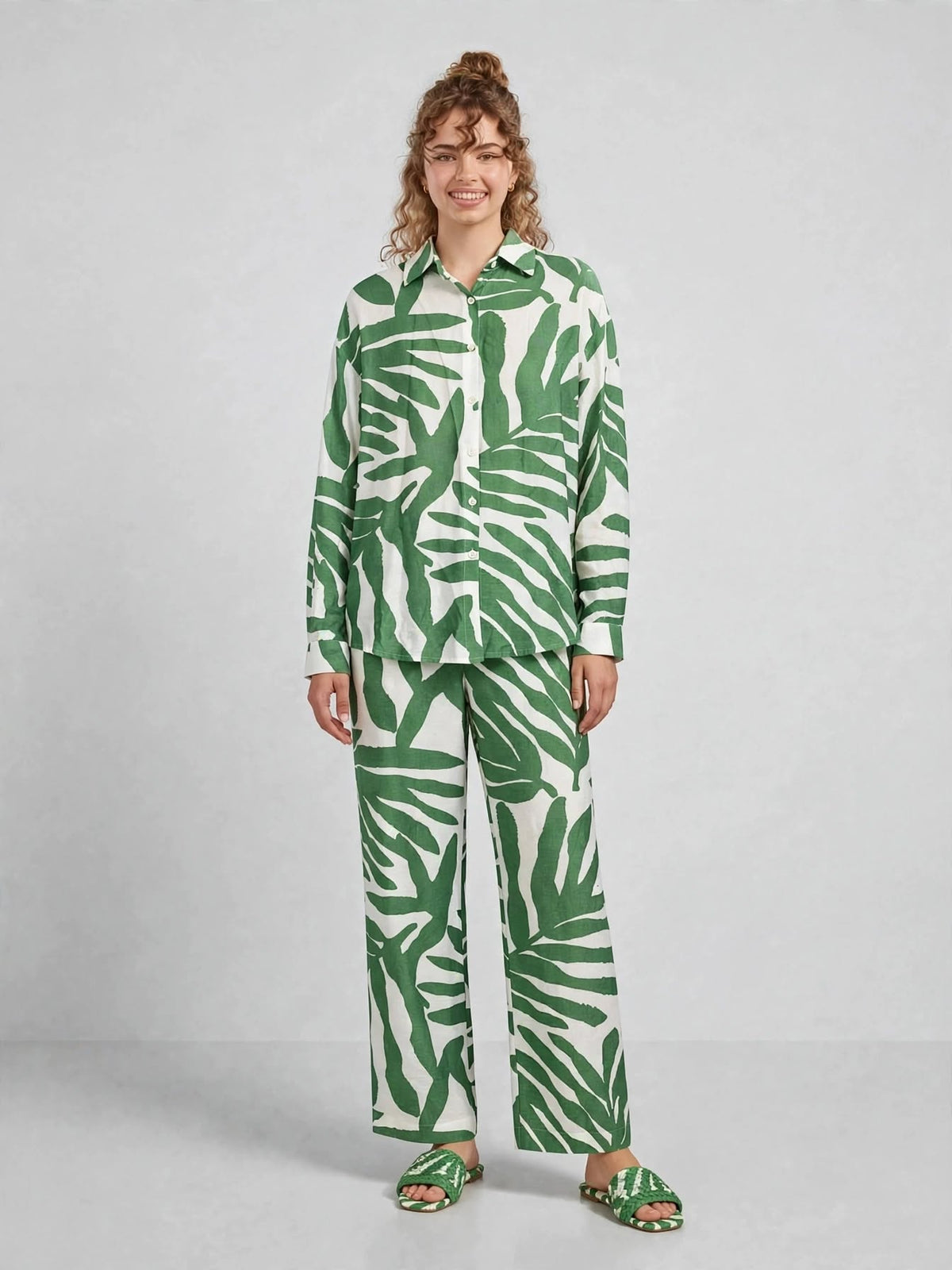 Tropical Leaf Printed Button-Down Shirt