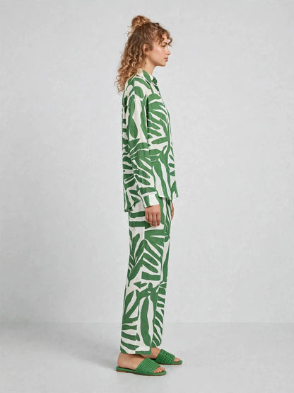 Tropical Leaf Printed Button-Down Shirt