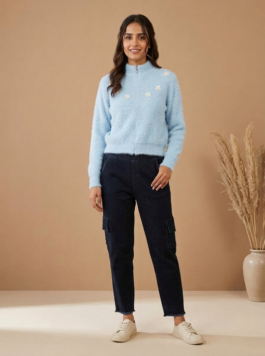 Pearl & Floral Embellished Fuzzy Knit Zip-Up Sweater