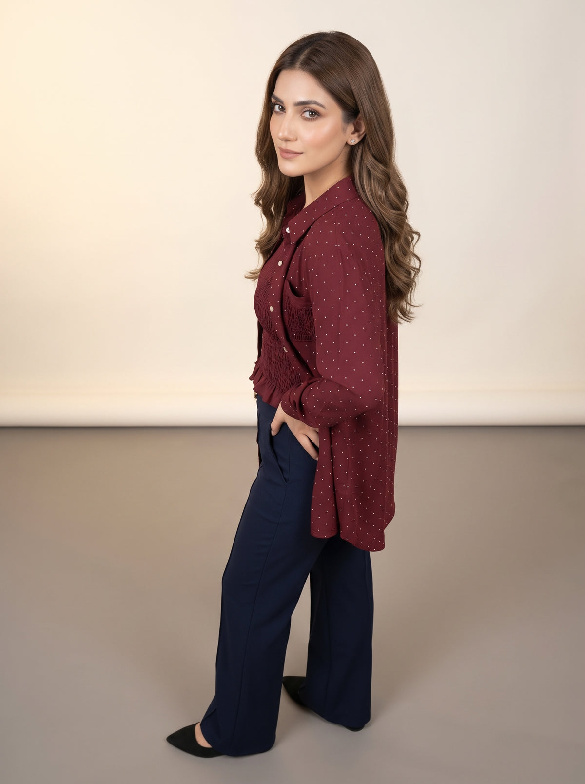 Maroon Polka Dot Shirt & Smocked Top Set