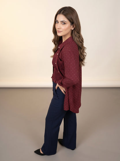 Maroon Polka Dot Shirt & Smocked Top Set