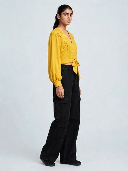 Sage Tie-Front Crop Blouse